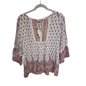 Loola XXL‎ Beige Red Paisley Bell Sleeve Boho Tie Neck Blouse Top Women